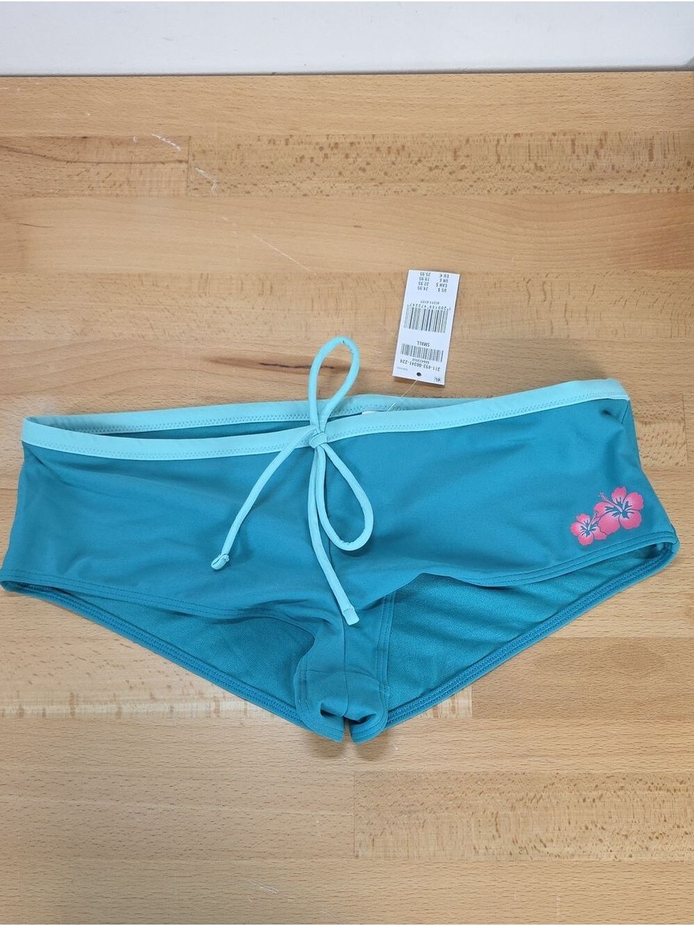 Hollister Teal Swim Boyshorts with Light Aqua Waist Tie and Pink Floral Accent S
